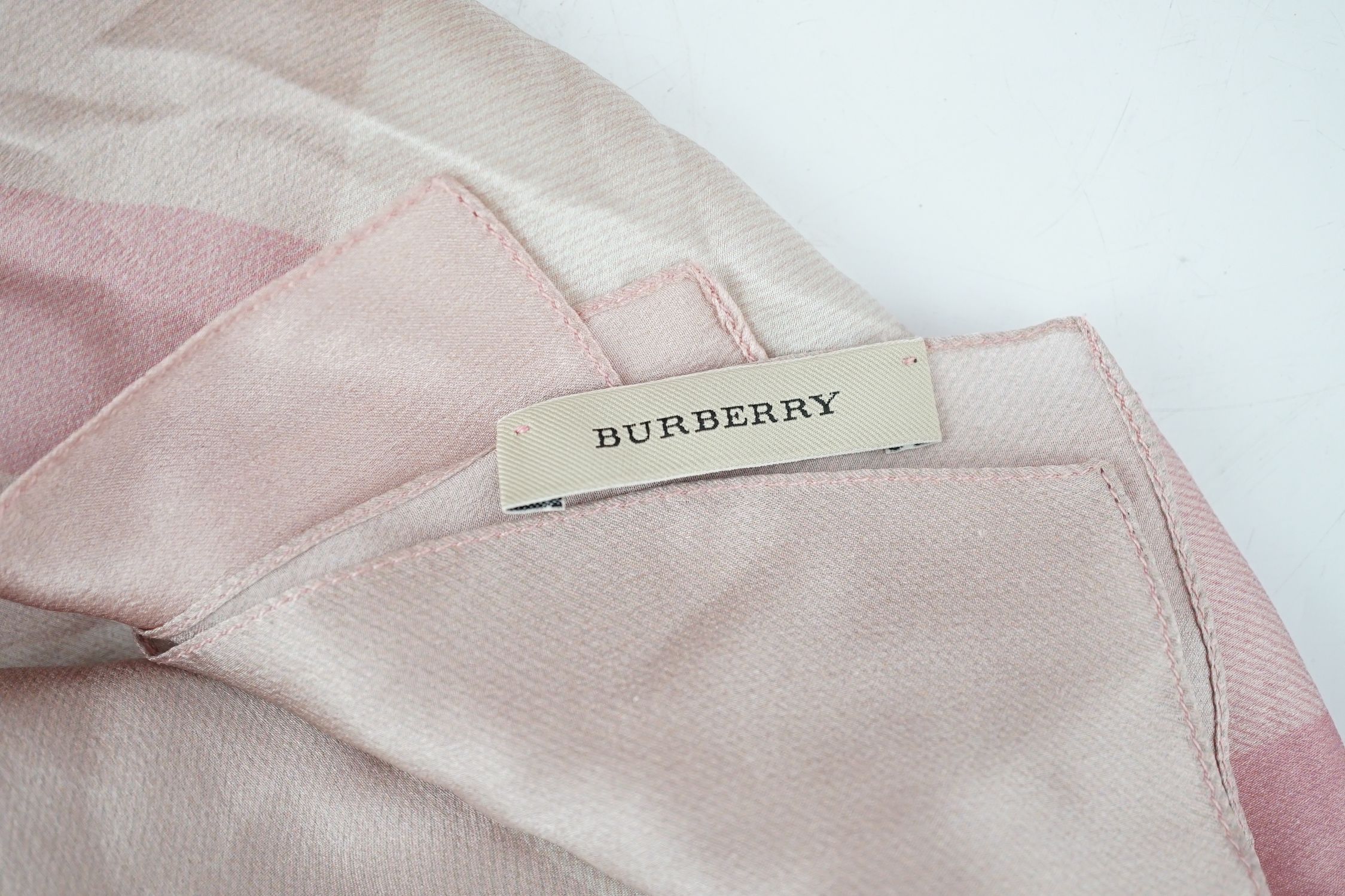 A pink Burberry small banner tote, a pink, white and silver tartan silk scarf and a pair of Dior tortoiseshell sunglasses, Handbag height 21cm, height to handle 32cm, width 28cm, depth 11cm, Scarf 192cm x 63cm